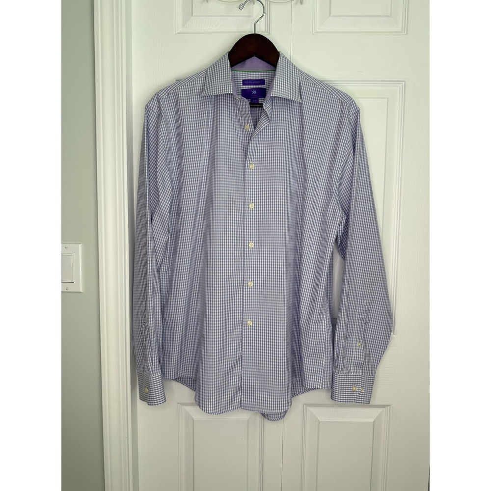 Jos A Bank Traveler Tailored Fit Gingham Shirt Mens Purple White Long Sleeve16.5